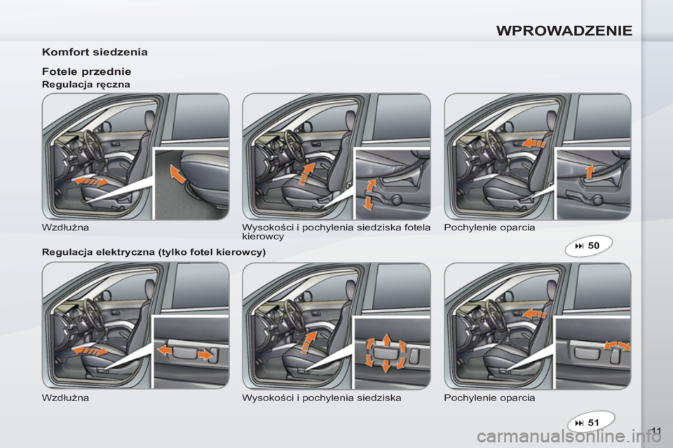 PEUGEOT 4007 2012  Instrukcja obsługi (in Polish) WPROWADZENIE
11
   
Komfort siedzenia  
 
 
 
� 
 51  
 
 
 
 
Fotele przednie 
 
Wzdłużna  Wysokości i pochylenia siedziska fotela 
kierowcy   Pochylenie oparcia     
Regulacja ręczna 
   
Regul