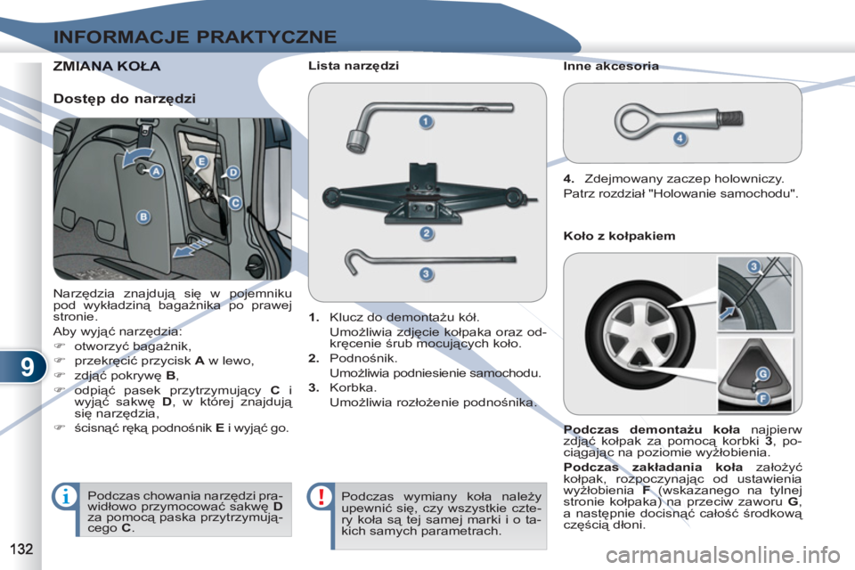 PEUGEOT 4007 2012  Instrukcja obsługi (in Polish) 9
INFORMACJE PRAKTYCZNE
ZMIANIANA KOŁA 
  Narzędzia znajdują się w pojemniku 
pod wykładziną bagażnika po prawej 
stronie. 
  Aby wyjąć narzędzia: 
   
 
�) 
 otworzyć bagażnik, 
   
�) 
 
