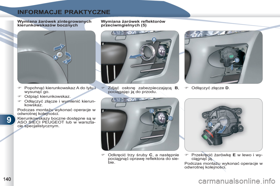 PEUGEOT 4007 2012  Instrukcja obsługi (in Polish) 9
INFORMACJE PRAKTYCZNE
   
 
�) 
 Popchnąć kierunkowskaz A do tyłu i 
wysunąć go. 
   
�) 
 Odpiąć kierunkowskaz. 
   
�) 
 Odłączyć złącze i wymienić kierun-
kowskaz.  
  Podczas monta