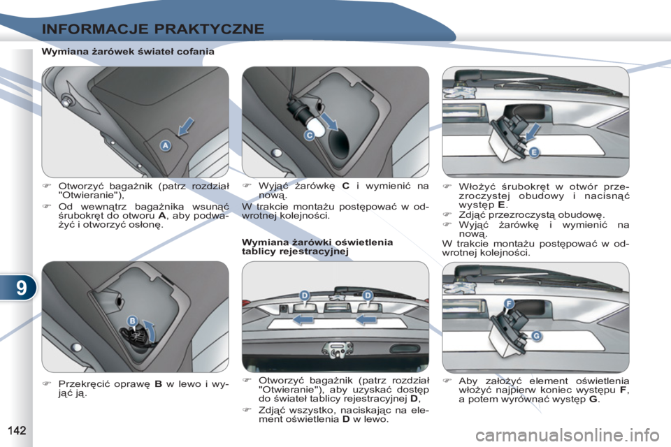 PEUGEOT 4007 2012  Instrukcja obsługi (in Polish) 9
INFORMACJE PRAKTYCZNE
   
Wymiana żarówek świateł cofania 
   
 
�) 
 Otworzyć bagażnik (patrz rozdział 
"Otwieranie"), 
   
�) 
 Od  wewnątrz bagażnika wsunąć 
śrubokręt do otworu  A 
