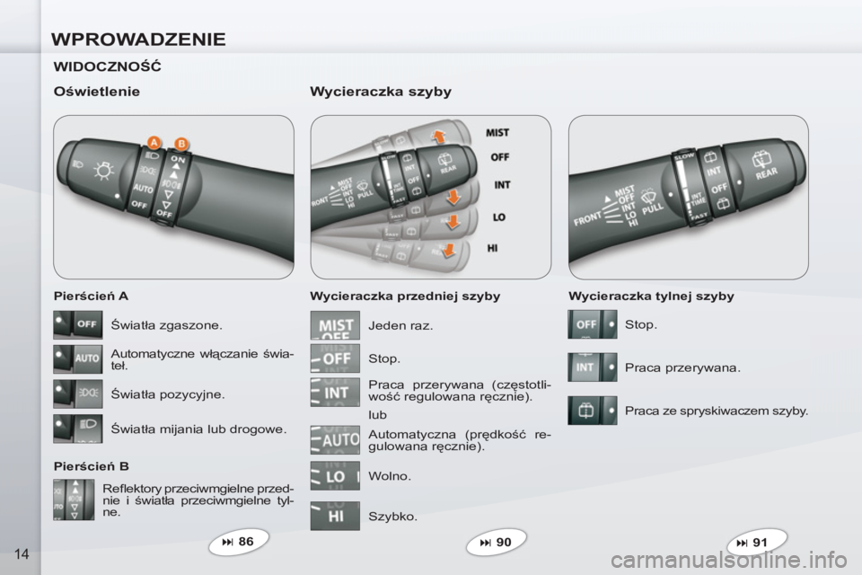 PEUGEOT 4007 2012  Instrukcja obsługi (in Polish) WPROWADZENIE
14
   
WIDOCZNOŚĆ 
 
   
Oświetlenie 
 
 
Pierścień A 
   
Pierścień B    
Wycieraczka przedniej szyby 
 
 
Wycieraczka szyby 
 
 
Wycieraczka tylnej szyby 
  Reﬂ ektory przeciwm