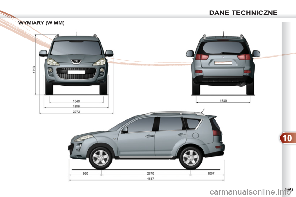 PEUGEOT 4007 2012 Instrukcja obsługi (in Polish) 10
DANE TECHNICZNE
WYMIARY (W MM) WYM PEUGEOT 4007 2012 Instrukcja obsługi (in Polish) 10
DANE TECHNICZNE
WYMIARY (W MM) WYM