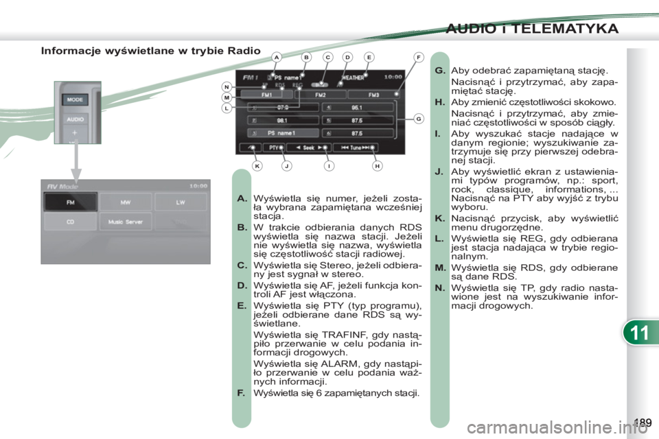 PEUGEOT 4007 2012  Instrukcja obsługi (in Polish) 11
AUDIO i TELEMATYKA
   
 
 
 
 
 
 
 
 
 
 
 
 
 
 
Informacje wyświetlane w trybie Radio 
 
 
 
A. 
 Wyświetla się numer, jeżeli zosta-
ła wybrana zapamiętana wcześniej 
stacja. 
   
B. 
  W