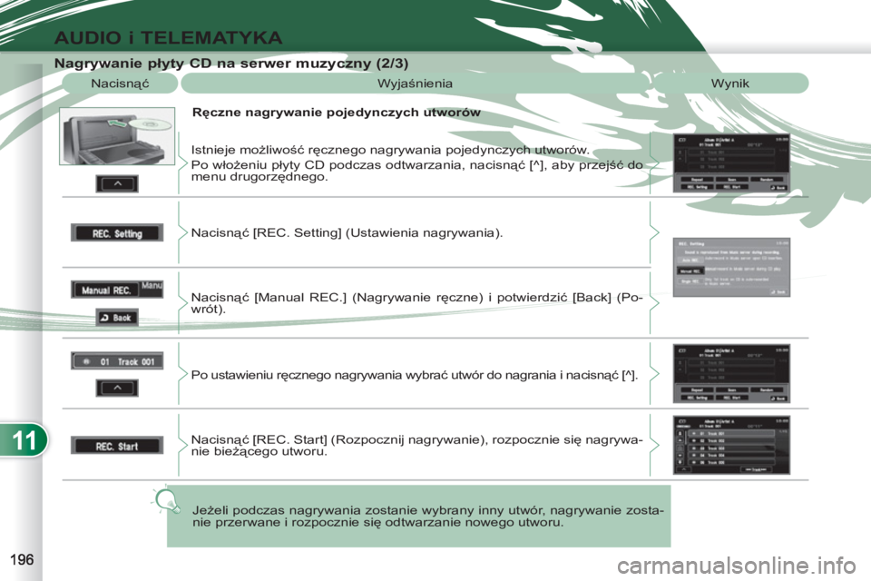 PEUGEOT 4007 2012  Instrukcja obsługi (in Polish) 11
AUDIO i TELEMATYKA
   
Nagrywanie płyty CD na serwer muzyczny (2/3) 
 
Nacisnąć  Wyjaśnienia  Wynik 
   
Ręczne nagrywanie pojedynczych utworów 
  Istnieje możliwość ręcznego nagrywania p