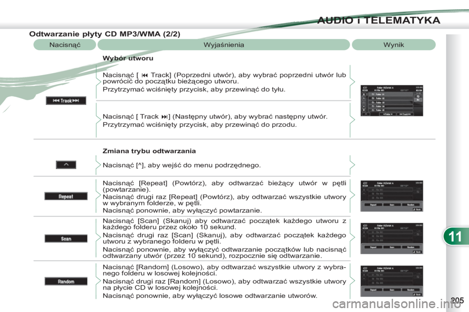 PEUGEOT 4007 2012  Instrukcja obsługi (in Polish) 11
AUDIO i TELEMATYKA
   
Zmiana trybu odtwarzania    Nacisnąć [  � 
 Track] (Poprzedni utwór), aby wybrać poprzedni utwór lub 
powrócić do początku bieżącego utworu. 
  Przytrzymać wciśn