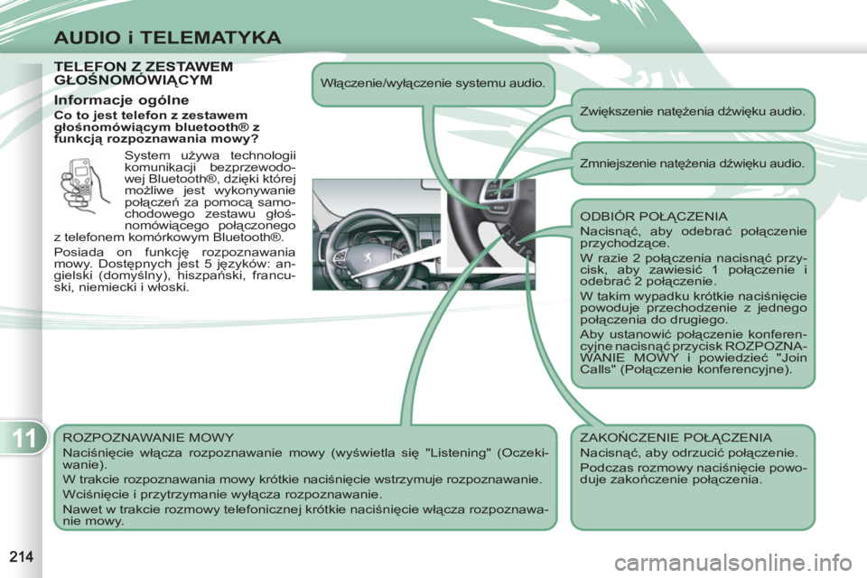 PEUGEOT 4007 2012 Instrukcja obsługi (in Polish) 11
AUDIO i TELEMATYKA
TELEFON Z ZESTAWEM TELEFON Z ZESTAWEM GŁOŚNOMÓWIĄCYM GŁOŚNOMÓW
Co to jest telefon z zestawem
głośnomówiącym bluetooth® z
funkcją rozpoznawania mowy?
ROZPOZN PEUGEOT 4007 2012 Instrukcja obsługi (in Polish) 11
AUDIO i TELEMATYKA
TELEFON Z ZESTAWEM TELEFON Z ZESTAWEM GŁOŚNOMÓWIĄCYM GŁOŚNOMÓW
Co to jest telefon z zestawem
głośnomówiącym bluetooth® z
funkcją rozpoznawania mowy?
ROZPOZN