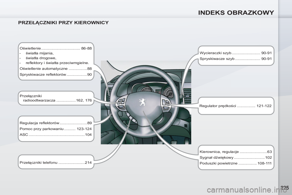 PEUGEOT 4007 2012 Instrukcja obsługi (in Polish) INDEKS OBRAZKOWY
PRZEŁĄCZNIKI PRZY KIEROWNICY
Oświetlenie .................................. 86-88
- światła mijania,
- światła drogowe,
- refl ektory i światła PEUGEOT 4007 2012 Instrukcja obsługi (in Polish) INDEKS OBRAZKOWY
PRZEŁĄCZNIKI PRZY KIEROWNICY
Oświetlenie .................................. 86-88
- światła mijania,
- światła drogowe,
- refl ektory i światła