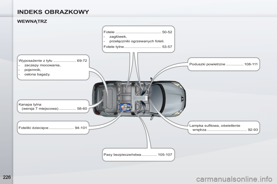 PEUGEOT 4007 2012 Instrukcja obsługi (in Polish) INDEKS OBRAZKOWY
WEWNĄTRZ
Wyposażenie z tyłu ..................... 69-72
- zaczepy mocowania,
- pojemnik,
- osłona bagaży.
Foteliki dziecięce .............. PEUGEOT 4007 2012 Instrukcja obsługi (in Polish) INDEKS OBRAZKOWY
WEWNĄTRZ
Wyposażenie z tyłu ..................... 69-72
- zaczepy mocowania,
- pojemnik,
- osłona bagaży.
Foteliki dziecięce ..............