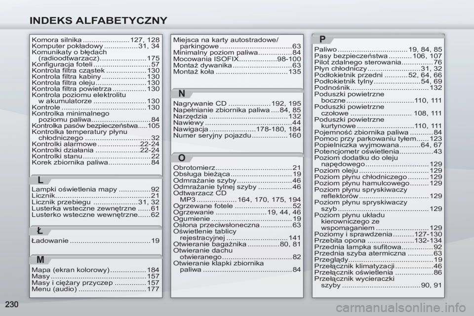 PEUGEOT 4007 2012 Instrukcja obsługi (in Polish) INDEKS ALFABETYCZNY
L
Komora silnika ...................... 127, 128
Komputer pokładowy ................ 31, 34
Komunikaty o błędach
(radioodtwarzacz) ...................... 175
Konfiguracja fote PEUGEOT 4007 2012 Instrukcja obsługi (in Polish) INDEKS ALFABETYCZNY
L
Komora silnika ...................... 127, 128
Komputer pokładowy ................ 31, 34
Komunikaty o błędach
(radioodtwarzacz) ...................... 175
Konfiguracja fote