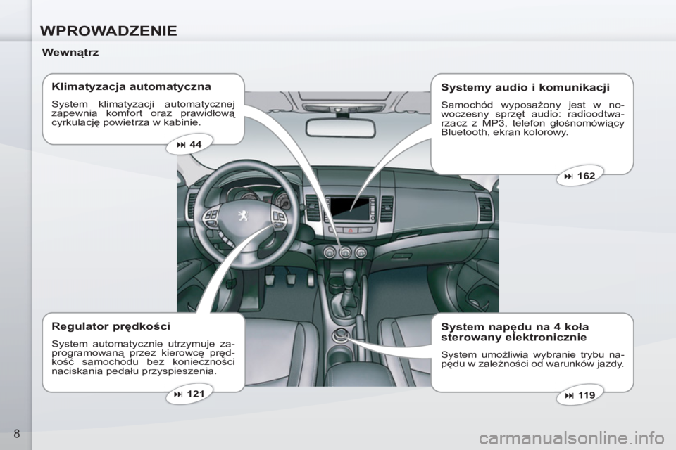 PEUGEOT 4007 2012  Instrukcja obsługi (in Polish) WPROWADZENIE
8
   
Wewnątrz  
   
Klimatyzacja automatyczna 
 
System klimatyzacji automatycznej 
zapewnia komfort oraz prawidłową 
cyrkulację powietrza w kabinie. 
 
 
Regulator prędkości 
 
Sy