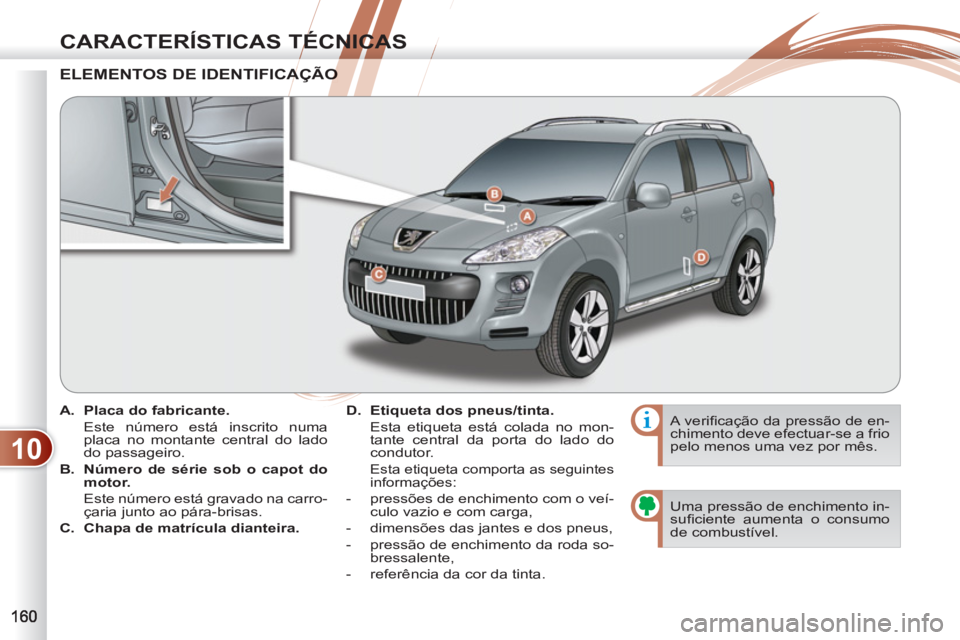 PEUGEOT 4007 2012 Manual de utilização (in Portuguese) 10
CARACTERÍSTICAS TÉCNICAS
A.
Placa do fabricante.
Este número está inscrito numa
placa no montante central do lado
do passageiro.
B.
Número de série sob o capot do PEUGEOT 4007 2012 Manual de utilização (in Portuguese) 10
CARACTERÍSTICAS TÉCNICAS
A.
Placa do fabricante.
Este número está inscrito numa
placa no montante central do lado
do passageiro.
B.
Número de série sob o capot do