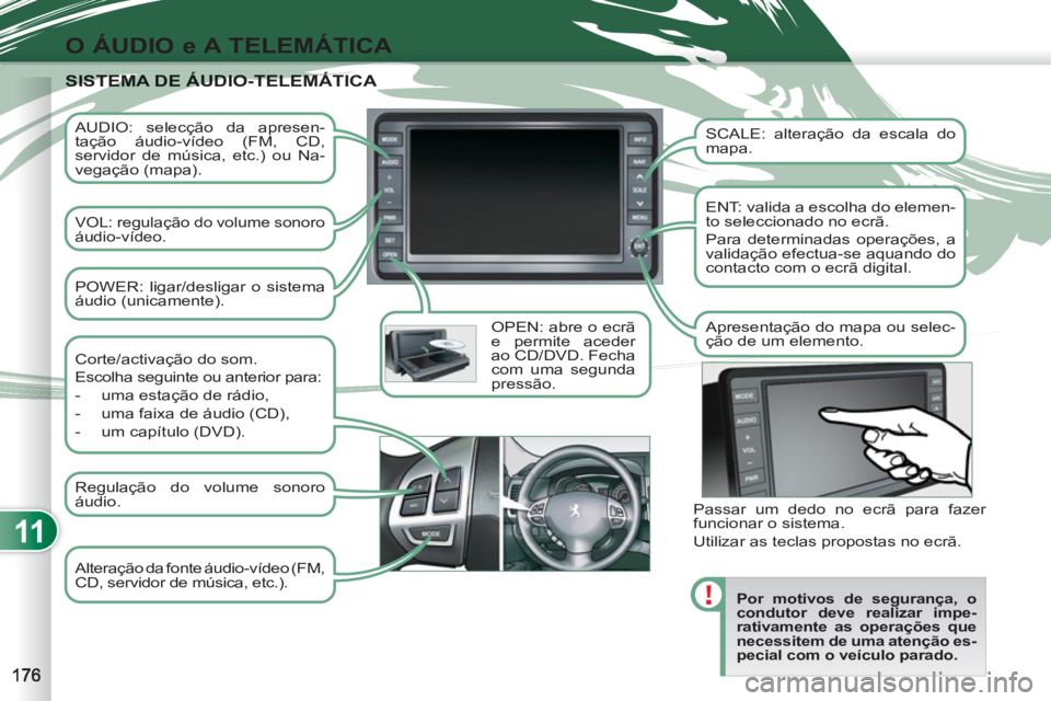 PEUGEOT 4007 2012 Manual de utilização (in Portuguese) 11
O ÁUDIO e A TELEMÁTICA
AUDIO: selecção da apresen-
tação áudio-vídeo (FM, CD,
servidor de música, etc.) ou Na-
vegação (mapa).
VOL: regulação do volume sonoro
áudio-vídeo PEUGEOT 4007 2012 Manual de utilização (in Portuguese) 11
O ÁUDIO e A TELEMÁTICA
AUDIO: selecção da apresen-
tação áudio-vídeo (FM, CD,
servidor de música, etc.) ou Na-
vegação (mapa).
VOL: regulação do volume sonoro
áudio-vídeo