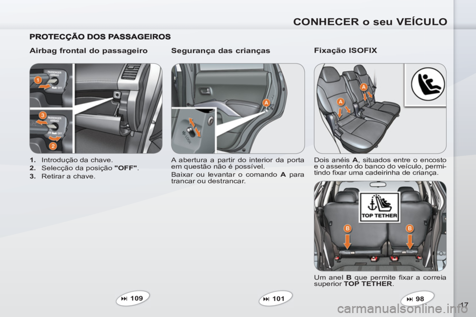 PEUGEOT 4007 2012  Manual de utilização (in Portuguese) CONHECER o seu VEÍCULO
17
   
Airbag frontal do passageiro    
Segurança das crianças 
 
 
 
1. 
  Introdução da chave. 
   
2. 
  Selecção da posição  "OFF" 
. 
   
3. 
  Retirar a chave.   