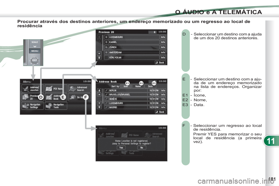 PEUGEOT 4007 2012 Manual de utilização (in Portuguese) 11
O ÁUDIO e A TELEMÁTICA
Procurar através dos destinos anteriores, um endereço memorizado ou um regresso ao local de
residência
E - Seleccionar um destino com a aju-
da de um endereço PEUGEOT 4007 2012 Manual de utilização (in Portuguese) 11
O ÁUDIO e A TELEMÁTICA
Procurar através dos destinos anteriores, um endereço memorizado ou um regresso ao local de
residência
E - Seleccionar um destino com a aju-
da de um endereço