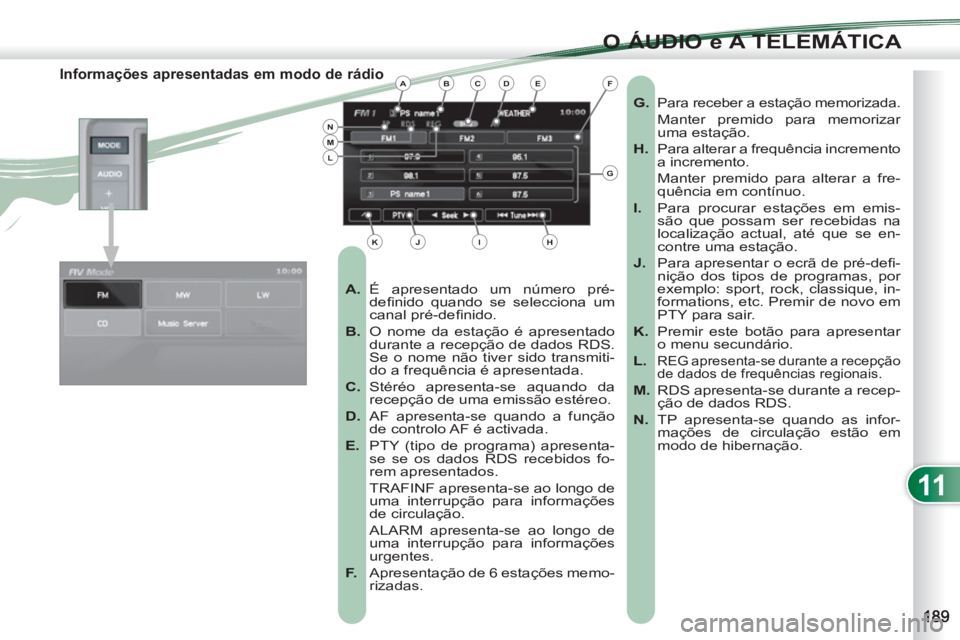 PEUGEOT 4007 2012  Manual de utilização (in Portuguese) 11
O ÁUDIO e A TELEMÁTICA
   
 
 
 
 
 
 
 
 
 
 
 
 
 
 
Informações apresentadas em modo de rádio 
 
 
 
A. 
 É apresentado um número pré-
deﬁ nido quando se selecciona um 
canal pré-de