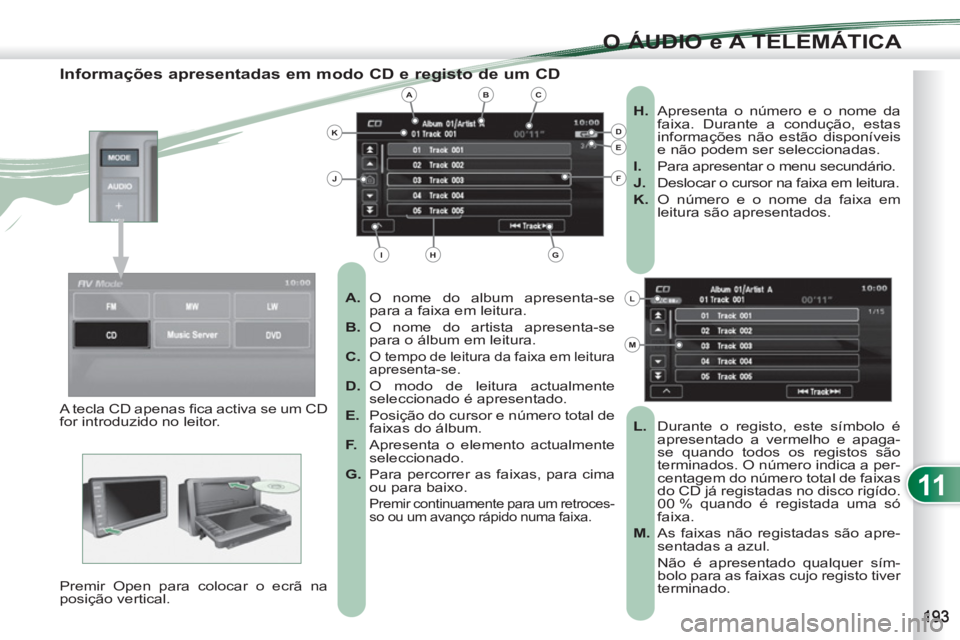 PEUGEOT 4007 2012  Manual de utilização (in Portuguese) 11
O ÁUDIO e A TELEMÁTICA
   
Informações apresentadas em modo CD e registo de um CD 
 
 
 
A. 
 O nome do album apresenta-se 
para a faixa em leitura. 
   
B. 
 O nome do artista apresenta-se 
pa