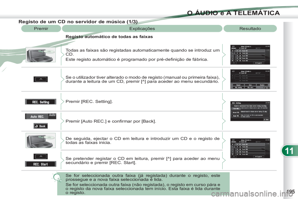 PEUGEOT 4007 2012  Manual de utilização (in Portuguese) 11
O ÁUDIO e A TELEMÁTICA
   
 
 
 
 
 
 
 
 
 
 
 
 
 
 
 
 
 
Registo de um CD no servidor de música (1/3) 
 
Premir  Explicações  Resultado 
  Todas as faixas são registadas automaticamente q