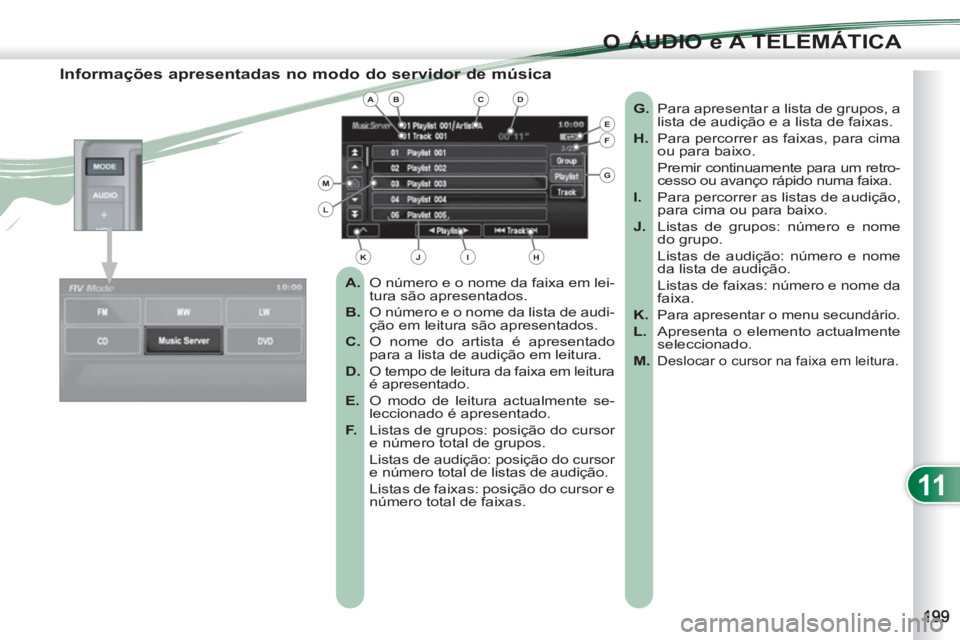 PEUGEOT 4007 2012 Manual de utilização (in Portuguese) 11
O ÁUDIO e A TELEMÁTICA
Informações apresentadas no modo do servidor de música
A.
O número e o nome da faixa em lei-
tura são apresentados.
B.
O número e o nome da list PEUGEOT 4007 2012 Manual de utilização (in Portuguese) 11
O ÁUDIO e A TELEMÁTICA
Informações apresentadas no modo do servidor de música
A.
O número e o nome da faixa em lei-
tura são apresentados.
B.
O número e o nome da list