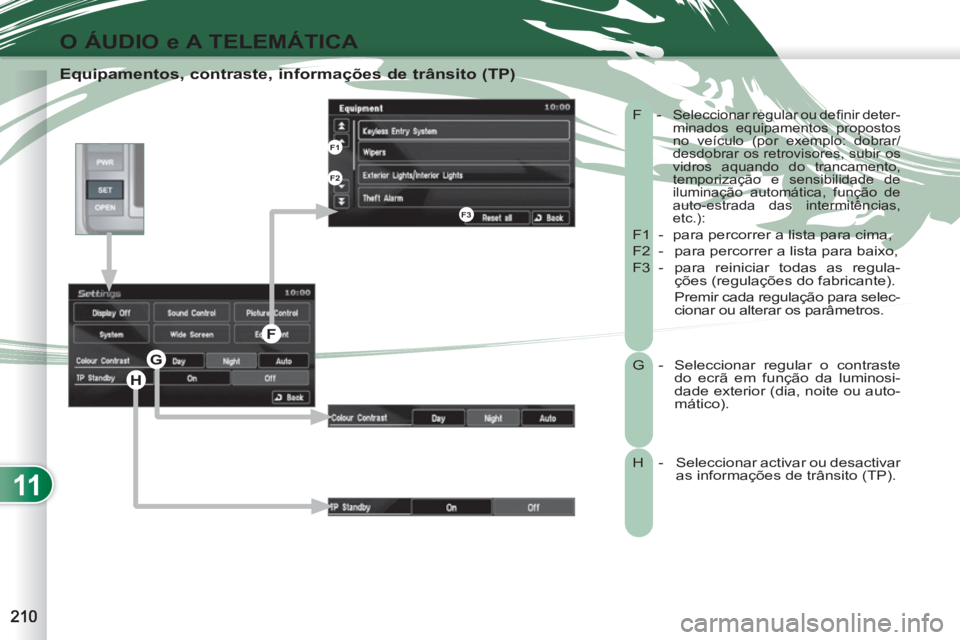 PEUGEOT 4007 2012 Manual de utilização (in Portuguese) 11
O ÁUDIO e A TELEMÁTICA
Equipamentos, contraste, informações de trânsito (TP)
F - Seleccionar regular ou defi nir deter-
minados equipamentos propostos
no veículo (por exemplo: dobra PEUGEOT 4007 2012 Manual de utilização (in Portuguese) 11
O ÁUDIO e A TELEMÁTICA
Equipamentos, contraste, informações de trânsito (TP)
F - Seleccionar regular ou defi nir deter-
minados equipamentos propostos
no veículo (por exemplo: dobra