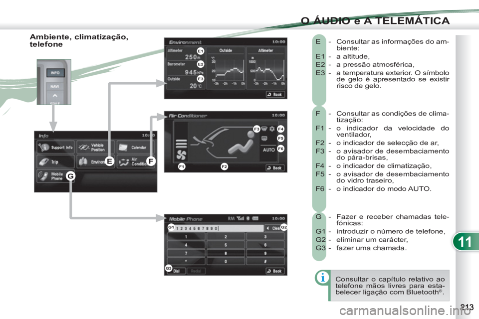 PEUGEOT 4007 2012 Manual de utilização (in Portuguese) 11
O ÁUDIO e A TELEMÁTICA
F - Consultar as condições de clima-
tização:
F1 - o indicador da velocidade do
ventilador,
F2 - o indicador de selecção de ar,
F3 - o avisador de d PEUGEOT 4007 2012 Manual de utilização (in Portuguese) 11
O ÁUDIO e A TELEMÁTICA
F - Consultar as condições de clima-
tização:
F1 - o indicador da velocidade do
ventilador,
F2 - o indicador de selecção de ar,
F3 - o avisador de d