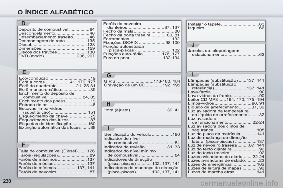 PEUGEOT 4007 2012  Manual de utilização (in Portuguese) O ÍNDICE ALFABÉTICO
D
Depósito de combustível ................ 84
Descongelamento........................... 46
Desembaciamento traseiro............. 46
Desmontagem de roda ................. 135
D