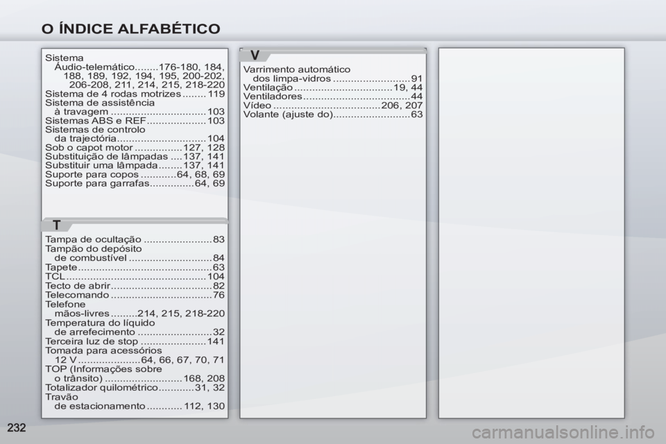 PEUGEOT 4007 2012  Manual de utilização (in Portuguese) O ÍNDICE ALFABÉTICO
V
Varrimento automático 
dos limpa-vidros .......................... 91
Ventilação ................................. 19,  44
Ventiladores .................................... 
