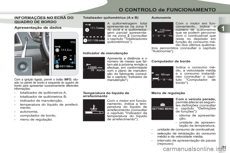 PEUGEOT 4007 2012 Manual de utilização (in Portuguese) 1
O CONTROLO de FUNCIONAMENTO
A quilometragem total
apresenta-se na zona 1
do ecrã e a quilometra-
gem parcial apresenta-
se na zona 2
(consultar
o capítulo "Totalizadores
quilométricos PEUGEOT 4007 2012 Manual de utilização (in Portuguese) 1
O CONTROLO de FUNCIONAMENTO
A quilometragem total
apresenta-se na zona 1
do ecrã e a quilometra-
gem parcial apresenta-
se na zona 2
(consultar
o capítulo "Totalizadores
quilométricos