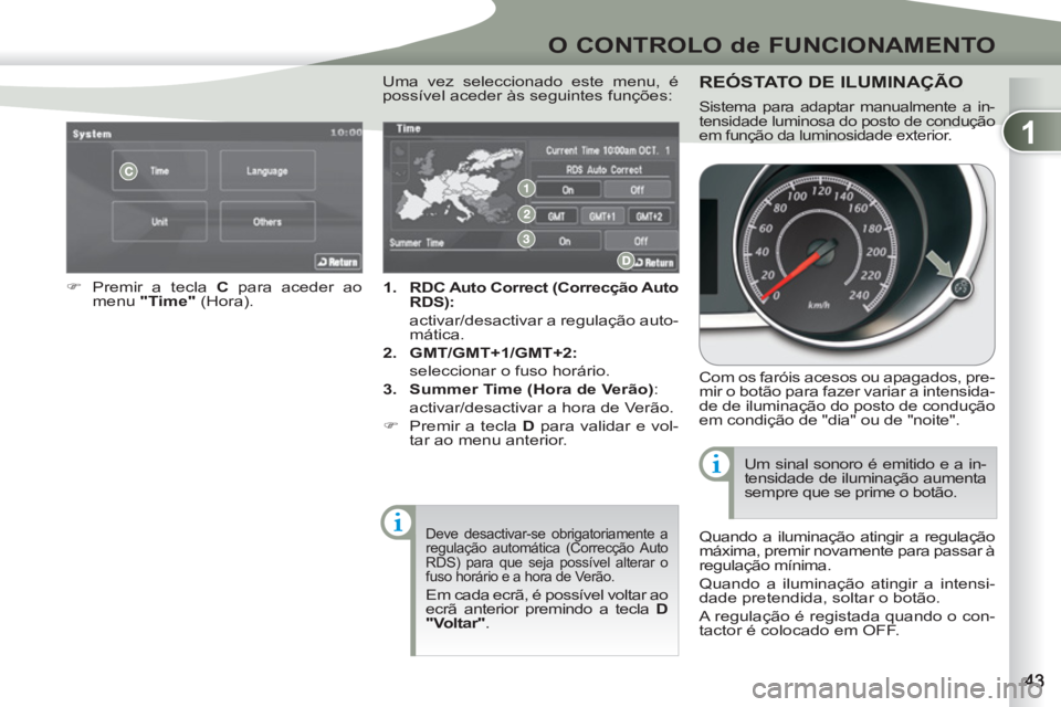 PEUGEOT 4007 2012  Manual de utilização (in Portuguese) 1
O CONTROLO de FUNCIONAMENTO
   
 
1. 
  RDC Auto Correct (Correcção Auto 
RDS):     
  activar/desactivar a regulação auto-
mática. 
   
2. 
  GMT/GMT+1/GMT+2: 
   
  seleccionar o fuso horári