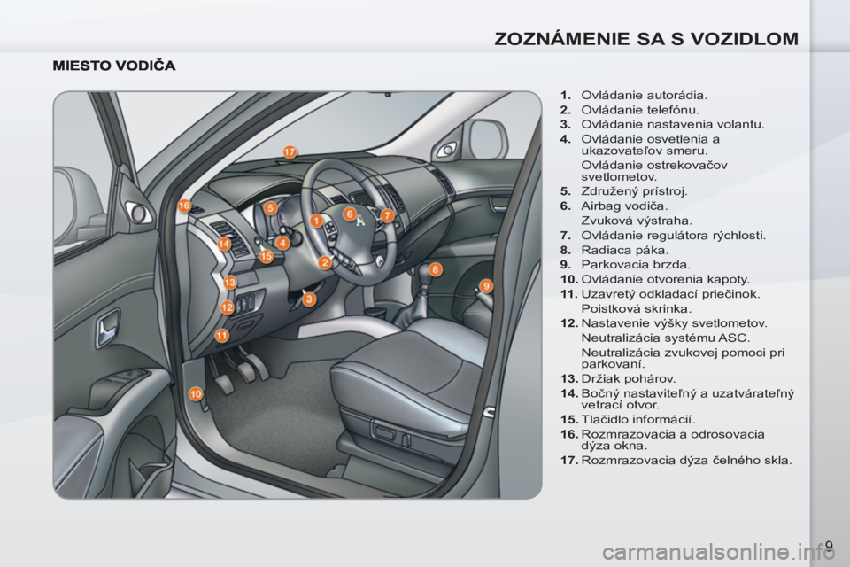 PEUGEOT 4007 2012  Návod na použitie (in Slovakian) ZOZNÁMENIE SA S VOZIDLOM
9
   
 
1. 
 Ovládanie autorádia. 
   
2. 
 Ovládanie telefónu. 
   
3. 
  Ovládanie nastavenia volantu. 
   
4. 
  Ovládanie osvetlenia a 
ukazovateľov smeru.  
 Ovl