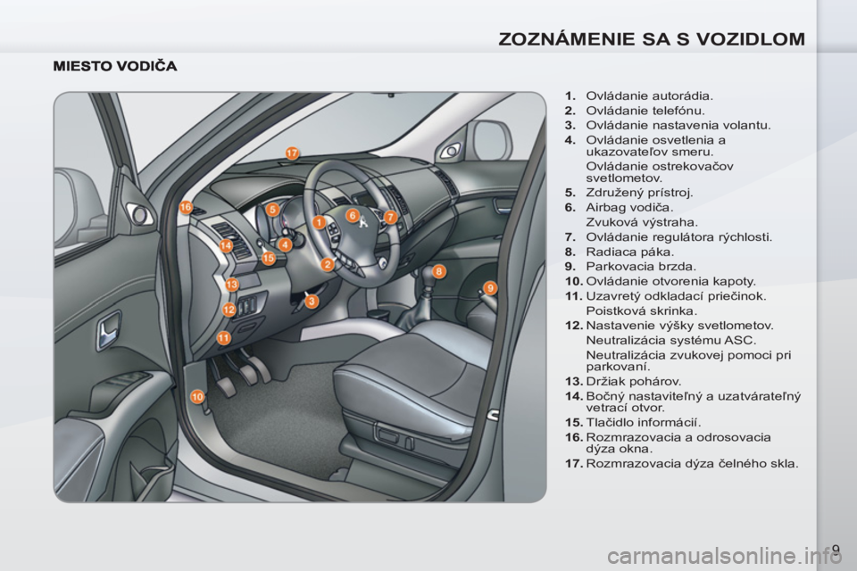 PEUGEOT 4007 2012  Návod na použitie (in Slovakian) ZOZNÁMENIE SA S VOZIDLOM
9
   
 
1. 
 Ovládanie autorádia. 
   
2. 
 Ovládanie telefónu. 
   
3. 
  Ovládanie nastavenia volantu. 
   
4. 
  Ovládanie osvetlenia a 
ukazovateľov smeru.  
 Ovl�