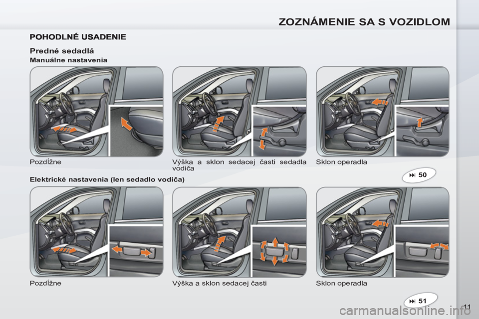 PEUGEOT 4007 2012  Návod na použitie (in Slovakian) ZOZNÁMENIE SA S VOZIDLOM
11   
 
� 
 51  
 
 
 
 
Predné sedadlá 
 
Pozdĺžne  Výška a sklon sedacej časti sedadla 
vodiča   Sklon operadla     
Manuálne nastavenia 
   
Elektrické nastaven