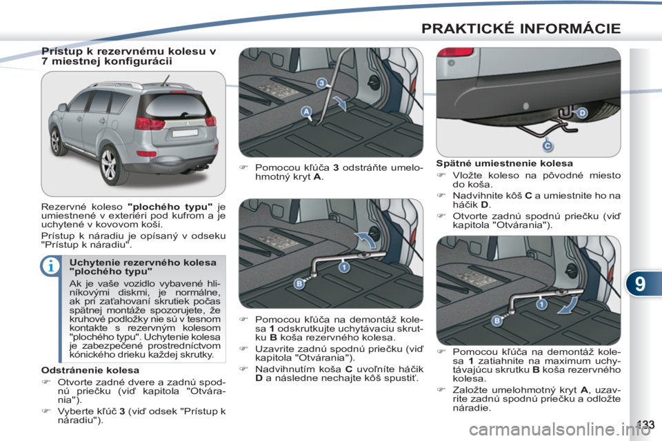 PEUGEOT 4007 2012  Návod na použitie (in Slovakian) 9
PRAKTICKÉ INFORMÁCIE
   
Uchytenie rezervného kolesa 
"plochého typu" 
  Ak je vaše vozidlo vybavené hli-
níkovými diskmi, je normálne, 
ak pri zaťahovaní skrutiek počas 
spätnej montá