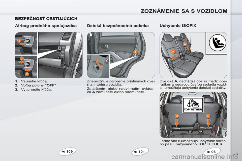 PEUGEOT 4007 2012  Návod na použitie (in Slovakian) ZOZNÁMENIE SA S VOZIDLOM
17
   
Airbag predného spolujazdca    
Detská bezpečnostná poistka 
 
 
 
1. 
 Vsunutie kľúča. 
   
2. 
 Voľba polohy  "OFF" 
. 
   
3. 
 Vytiahnutie kľúča.    Zne