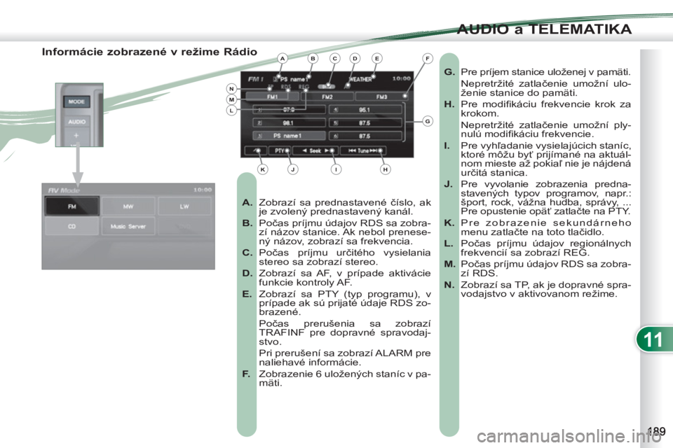 PEUGEOT 4007 2012  Návod na použitie (in Slovakian) 11
AUDIO a TELEMATIKA
   
 
 
 
 
 
 
 
 
 
 
 
 
 
 
Informácie zobrazené v režime Rádio 
 
 
 
A. 
  Zobrazí sa prednastavené číslo, ak 
je zvolený prednastavený kanál. 
   
B. 
 Počas p