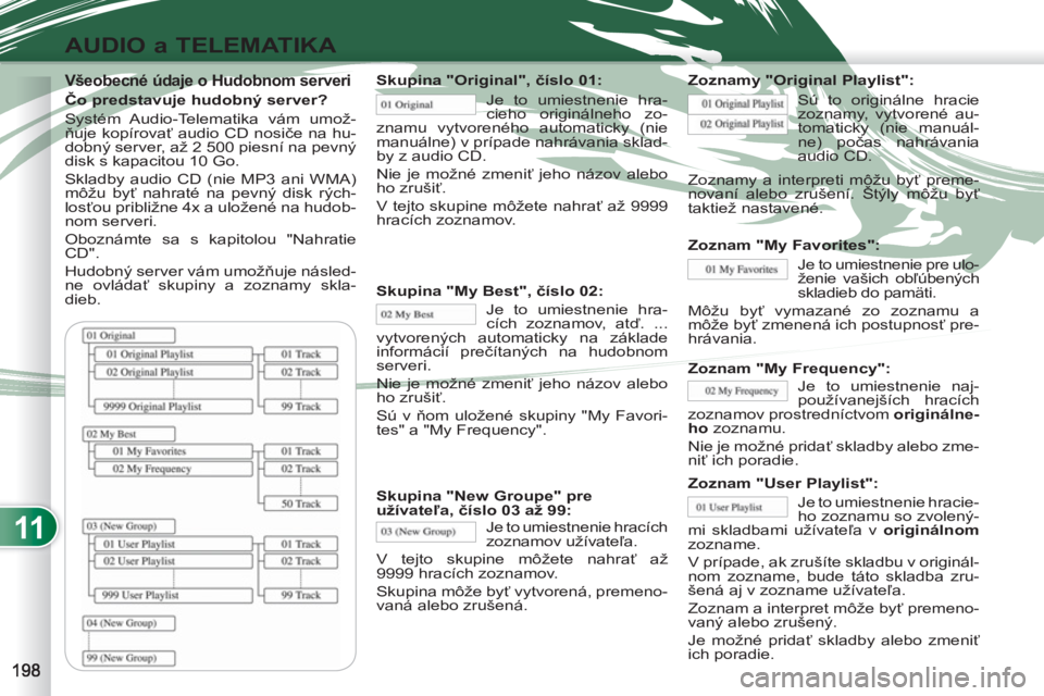PEUGEOT 4007 2012  Návod na použitie (in Slovakian) 11
AUDIO a TELEMATIKA
   
Všeobecné údaje o Hudobnom serveri 
 
 
Čo predstavuje hudobný server? 
  Systém Audio-Telematika vám umož-
ňuje kopírovať audio CD nosiče na hu-
dobný server, a
