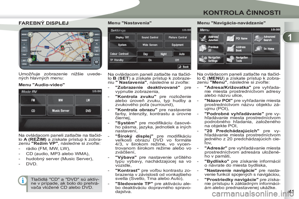 PEUGEOT 4007 2012  Návod na použitie (in Slovakian) 1
KONTROLA ČINNOSTI
FAREBNÝ DISPLEJFAREBNÝ DISPLEJ
 
 
Umožňuje zobrazenie nižšie uvede-
ných hlavných menu:   Na ovládacom paneli zatlačte na tlačid-
lo  B 
 ( SET 
) a získate prístup 