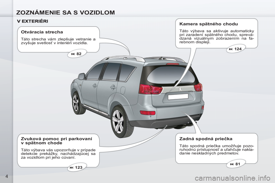 PEUGEOT 4007 2012  Návod na použitie (in Slovakian) ZOZNÁMENIE SA S VOZIDLOM
4
   
Otváracia strecha 
 
Táto strecha vám zlepšuje vetranie a 
zvyšuje svetlosť v interiéri vozidla. 
   
 
� 
 82  
 
   
 
� 
 81  
 
   
 
� 
 123  
 
 
 
Zvuk