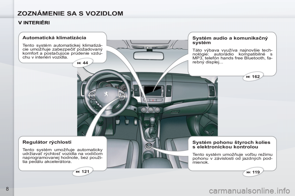 PEUGEOT 4007 2012  Návod na použitie (in Slovakian) ZOZNÁMENIE SA S VOZIDLOM
8
   
Automatická klimatizácia 
 
Tento systém automatickej klimatizá-
cie umožňuje zabezpečiť požadovaný 
komfort a postačujúce prúdenie vzdu-
chu v interiéri 