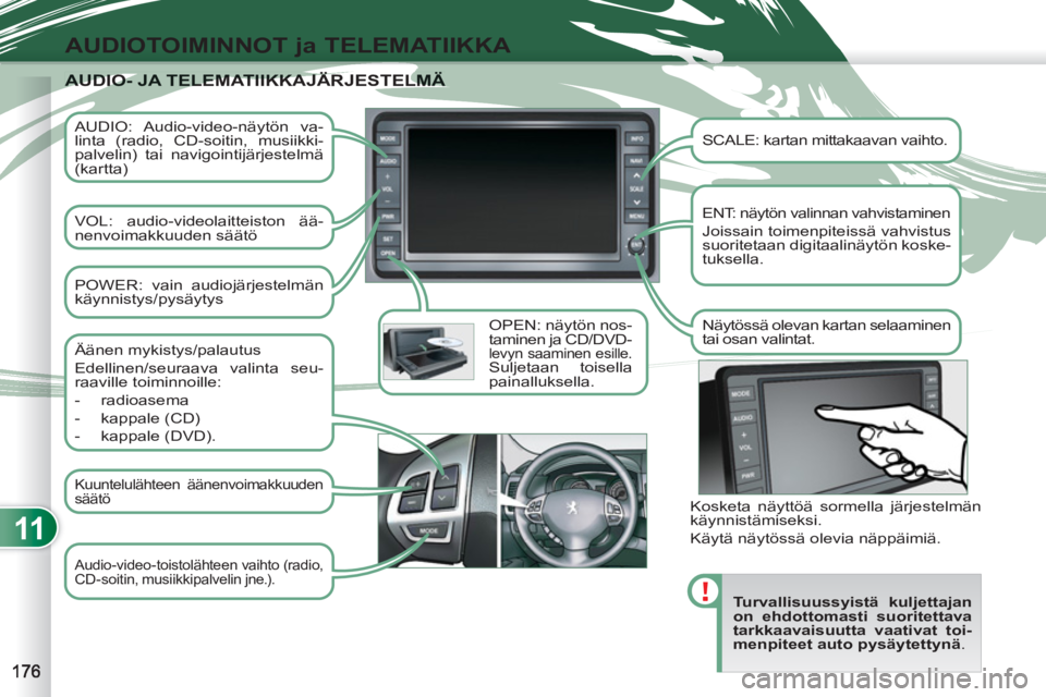 PEUGEOT 4007 2012 Omistajan Käsikirja (in Finnish) 11
AUDIOTOIMINNOT ja TELEMATIIKKA
AUDIO: Audio-video-näytön va-
linta (radio, CD-soitin, musiikki-
palvelin) tai navigointijärjestelmä
(kartta)
VOL: audio-videolaitteiston ää-
nenvoi PEUGEOT 4007 2012 Omistajan Käsikirja (in Finnish) 11
AUDIOTOIMINNOT ja TELEMATIIKKA
AUDIO: Audio-video-näytön va-
linta (radio, CD-soitin, musiikki-
palvelin) tai navigointijärjestelmä
(kartta)
VOL: audio-videolaitteiston ää-
nenvoi