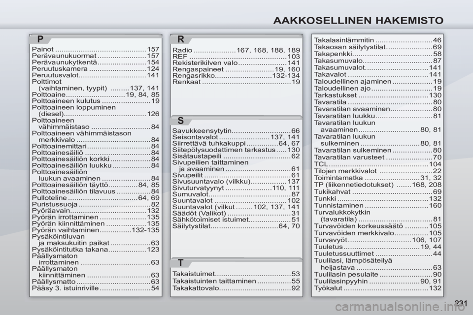 PEUGEOT 4007 2012  Omistajan Käsikirja (in Finnish) AAKKOSELLINEN HAKEMISTO
P
Painot ........................................... 157
Perävaunukuormat ....................... 157
Perävaunukytkentä ....................... 154
Peruutuskamera ..........