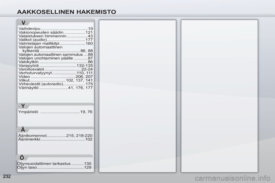 PEUGEOT 4007 2012  Omistajan Käsikirja (in Finnish) AAKKOSELLINEN HAKEMISTO
V
Vaihdevipu ...................................... 19
Vakionopeuden säädin ................. 121
Valaistuksen himmennin ................. 43
Valikot (audio) ................