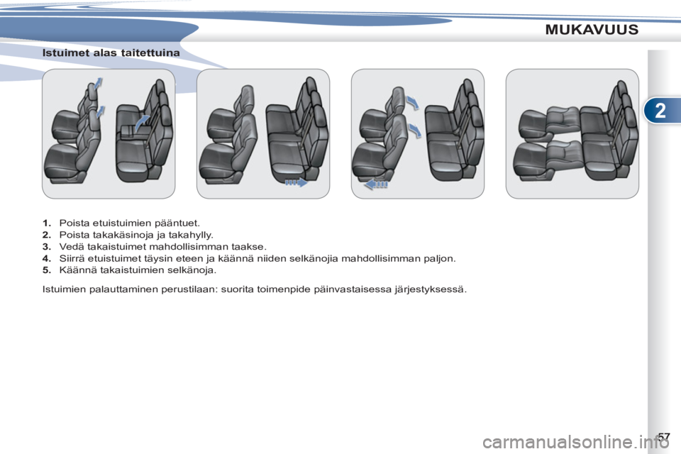 PEUGEOT 4007 2012  Omistajan Käsikirja (in Finnish) 2
MUKAVUUS
   
 
 
 
 
 
Istuimet alas taitettuina 
 
 
 
1. 
  Poista etuistuimien pääntuet. 
   
2. 
  Poista takakäsinoja ja takahylly. 
   
3. 
  Vedä takaistuimet mahdollisimman taakse. 
   
