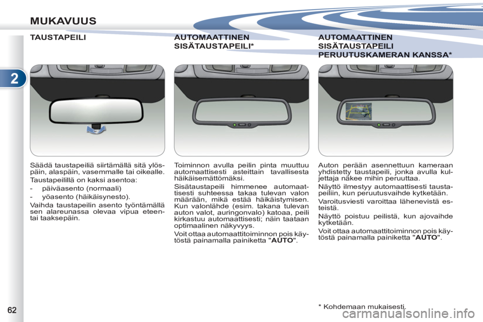 PEUGEOT 4007 2012  Omistajan Käsikirja (in Finnish) 2
MUKAVUUS
TAUSTAPEILI
   
Säädä taustapeiliä siirtämällä sitä ylös-
päin, alaspäin, vasemmalle tai oikealle. 
  Taustapeilillä on kaksi asentoa: 
   
 
-  päiväasento (normaali) 
   
- 