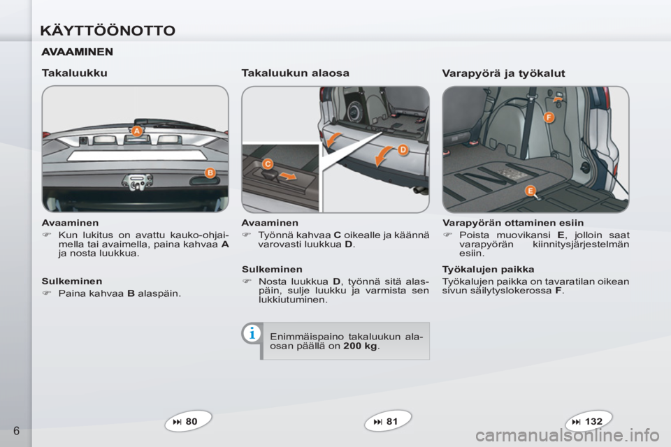 PEUGEOT 4007 2012  Omistajan Käsikirja (in Finnish) KÄYTTÖÖNOTTO
6
   
Avaaminen 
   
 
�) 
  Kun lukitus on avattu kauko-ohjai-
mella tai avaimella, paina kahvaa  A 
 
ja nosta luukkua.  
 
 
 
Takaluukku   
Takaluukun alaosa 
 
 
Avaaminen 
   
 
