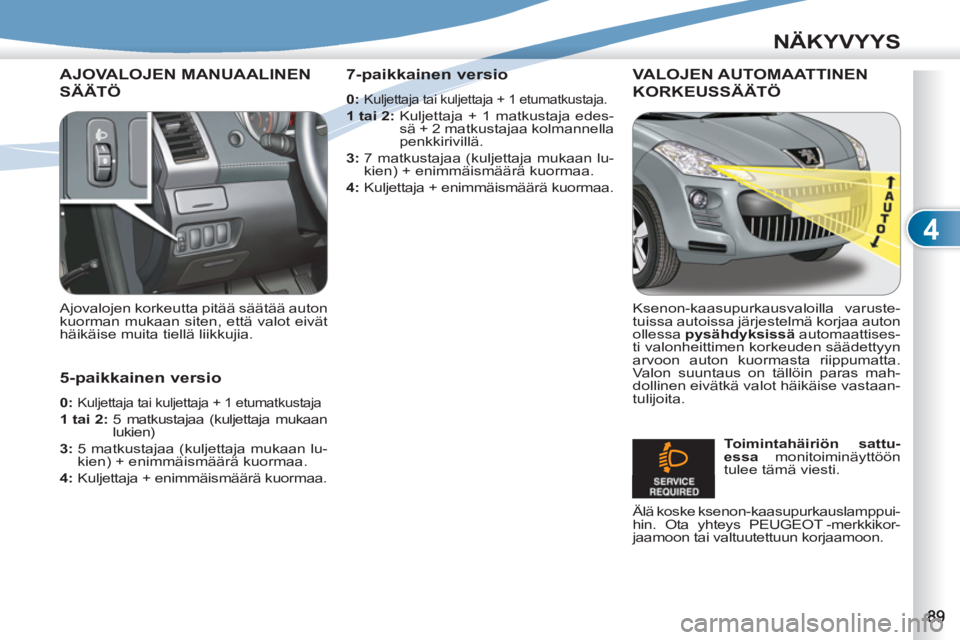 PEUGEOT 4007 2012  Omistajan Käsikirja (in Finnish) 4
NÄKYVYYS
AJOVALOJEN MANUAALINEN
SÄÄTÖ
   
Ajovalojen korkeutta pitää säätää auton 
kuorman mukaan siten, että valot eivät 
häikäise muita tiellä liikkujia.  
 VALOJEN AUTOMAATTINEN 
K