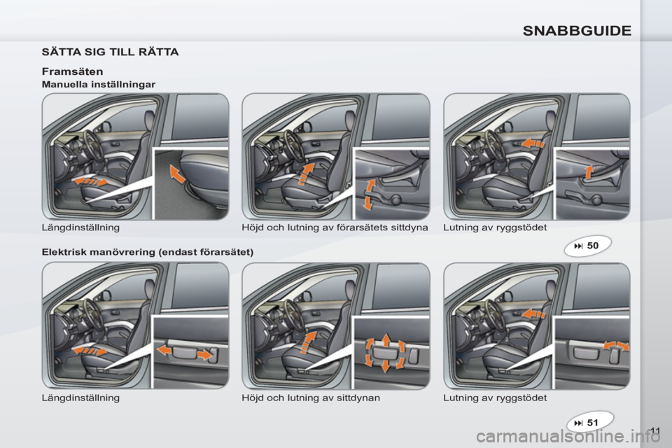 PEUGEOT 4007 2012  Bruksanvisningar (in Swedish) SNABBGUIDE
11
   
SÄTTA SIG TILL RÄTTA  
 
 
 
� 
 51  
 
 
 
 
Framsäten 
 
Längdinställning  Höjd och lutning av förarsätets sittdyna   Lutning av ryggstödet     
Manuella inställningar 
