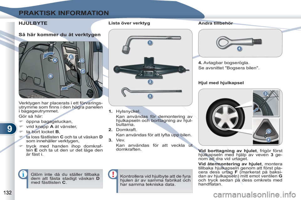 PEUGEOT 4007 2012  Bruksanvisningar (in Swedish) 9
PRAKTISK INFORMATION
HJULBULBYTE
  Verktygen har placerats i ett förvarings-
utrymme som ﬁ nns i den högra panelen 
i bagageutrymmet. 
  Gör så här: 
   
 
�) 
 öppna bagageluckan, 
   
�) 

