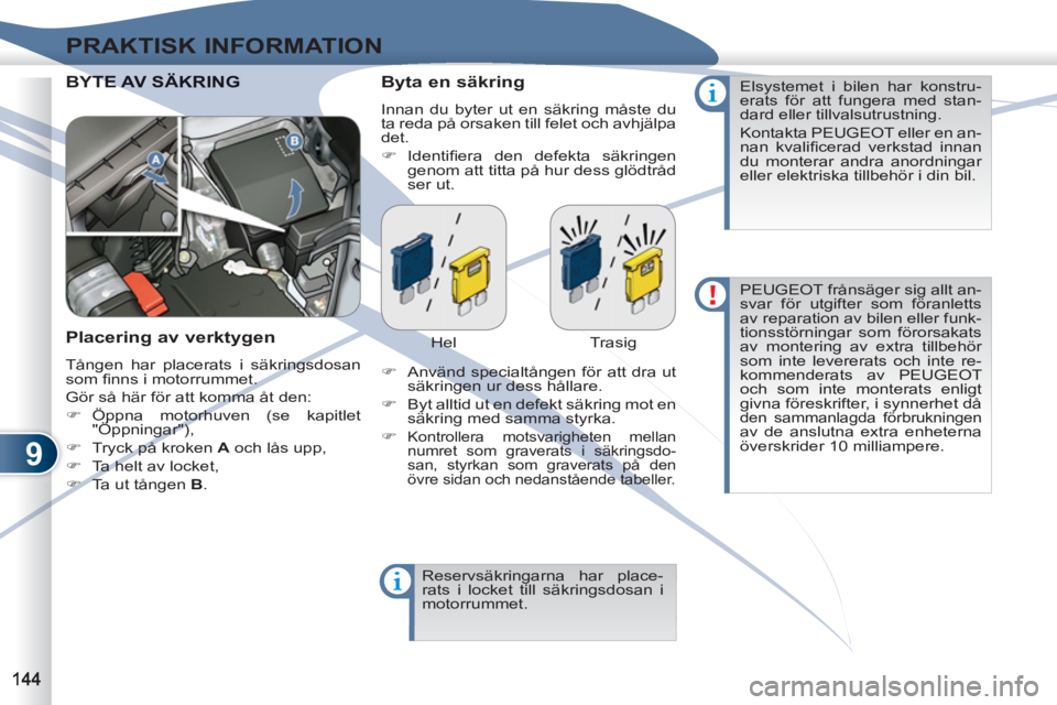 PEUGEOT 4007 2012  Bruksanvisningar (in Swedish) 9
PRAKTISK INFORMATION
  BYTE YTE AV SÄKRING    
Byta en säkring 
 
Innan du byter ut en säkring måste du 
ta reda på orsaken till felet och avhjälpa 
det. 
   
 
�) 
 Identiﬁ era den defekta 