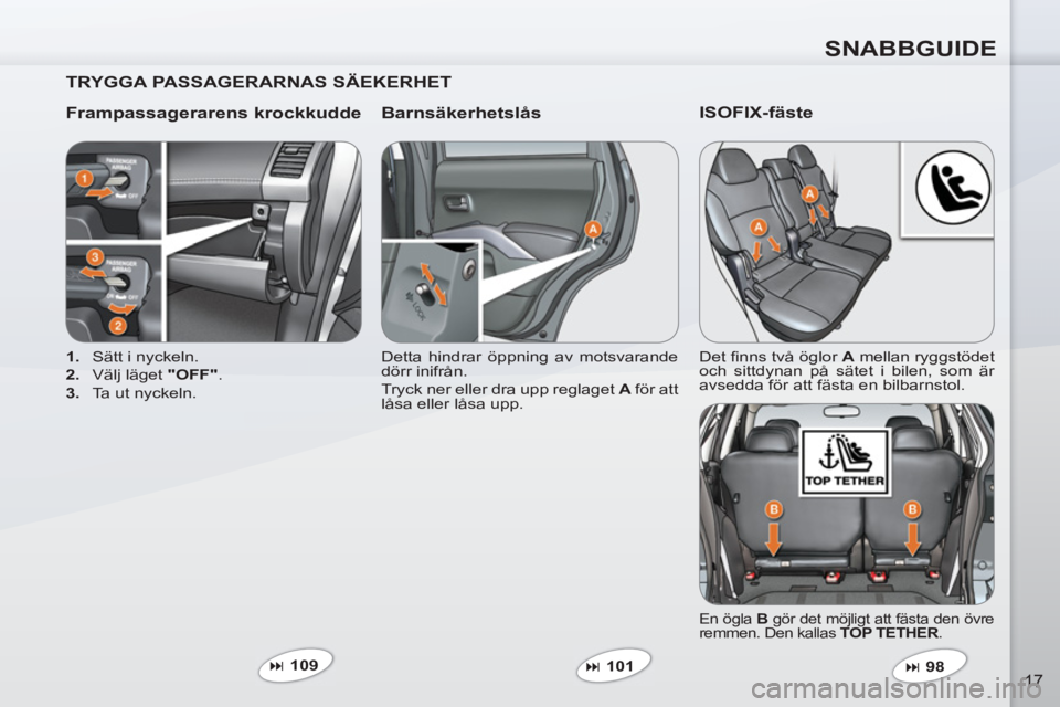 PEUGEOT 4007 2012  Bruksanvisningar (in Swedish) SNABBGUIDE
17
   
TRYGGA PASSAGERARNAS SÄEKERHET  
   
Frampassagerarens krockkudde    
Barnsäkerhetslås 
 
 
 
1. 
  Sätt i nyckeln. 
   
2. 
  Välj läget  "OFF" 
. 
   
3. 
  Ta ut nyckeln.   