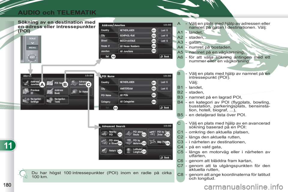 PEUGEOT 4007 2012 Bruksanvisningar (in Swedish) 11
AUDIO och TELEMATIK
B - Välj en plats med hjälp av namnet på en
intressepunkt (POI).
Välj:
B1 - landet,
B2 - staden,
B3 - namnet på en lagrad POI,
B4 - en kategori av PEUGEOT 4007 2012 Bruksanvisningar (in Swedish) 11
AUDIO och TELEMATIK
B - Välj en plats med hjälp av namnet på en
intressepunkt (POI).
Välj:
B1 - landet,
B2 - staden,
B3 - namnet på en lagrad POI,
B4 - en kategori av